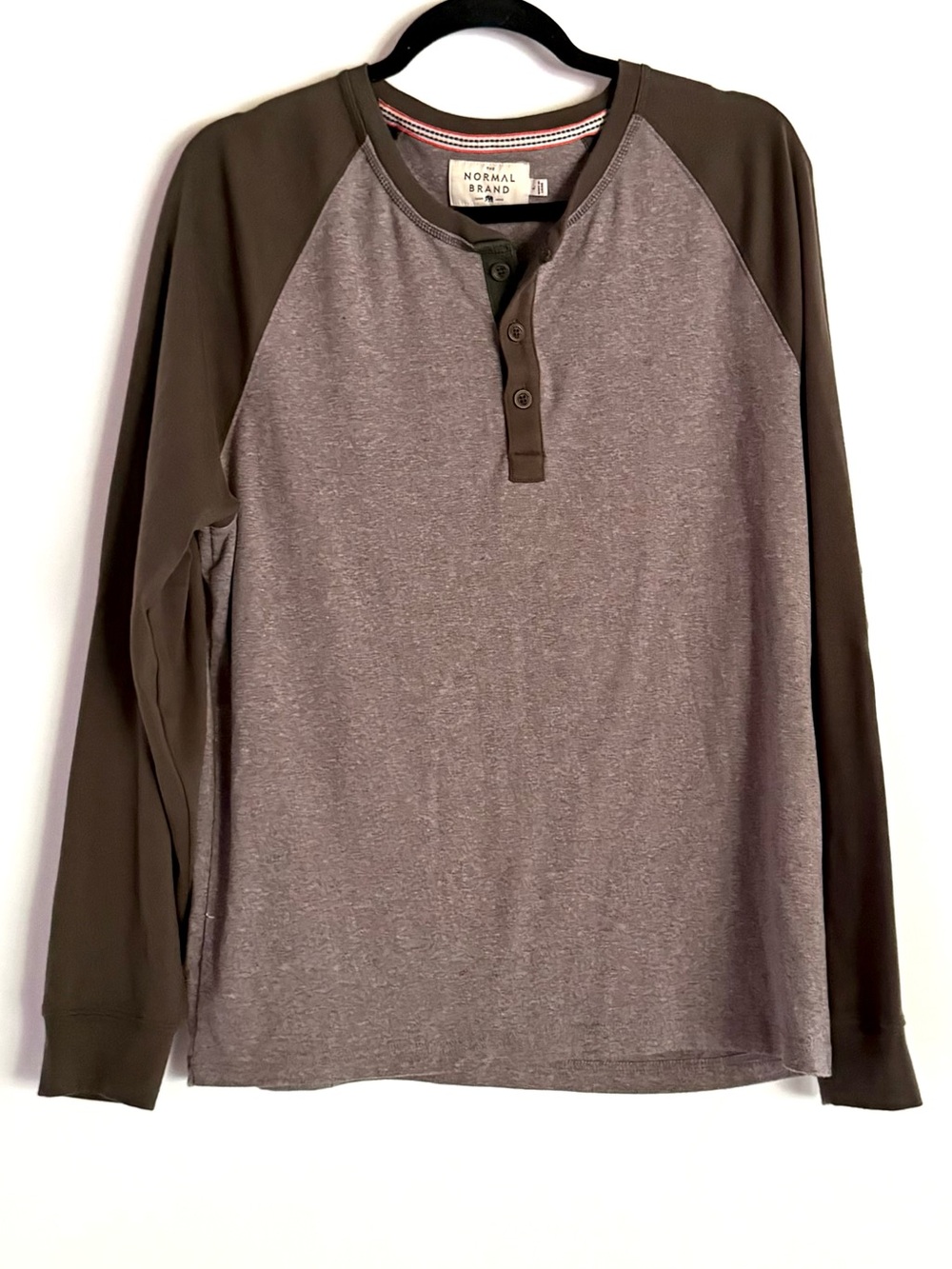 The Normal Brand Olive Green & Gray Mens Long Sleeve Raglan Henley Ringer Shirt